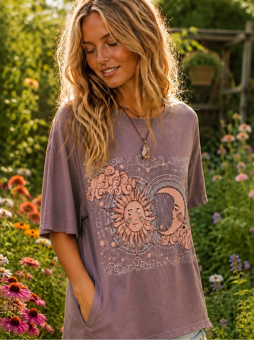 🦋BlueVelvet  Celestial Sun & Moon Graphic T - Mauve Purple Short Sleeve Top BV00